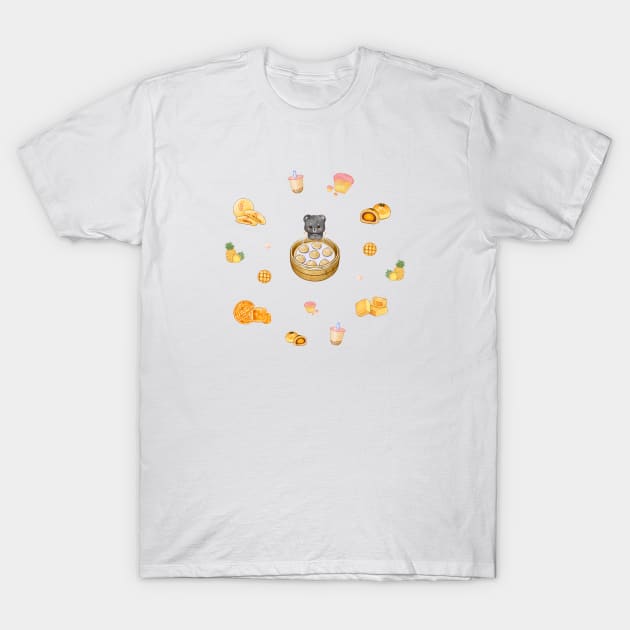 Taiwanese Food 黑熊與台灣美食插畫 - Bubble Tea, Mooncakes, Pineapple Cake, Sky Lantern, Salted Egg Pastry, Sun Cake, Xiao Long Bao T-Shirt by Rose Chiu Food Illustration